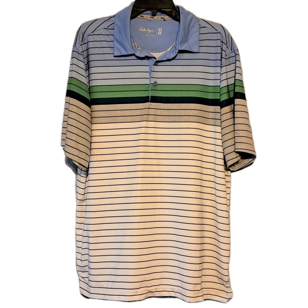 Walter Hagen 11 Majors Mens Large Golf Polo Shirt White Blue Green Striped